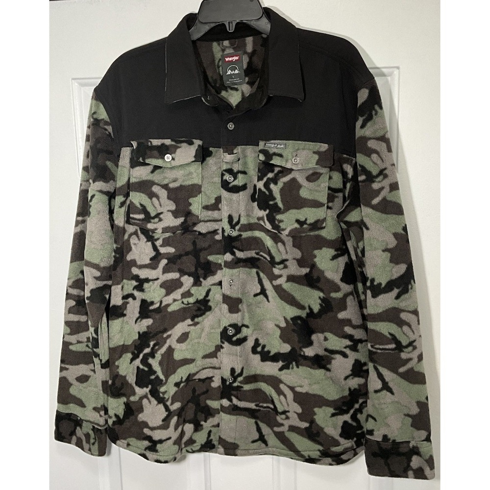 Wrangler Green/Black Camouflage Fleece Shirt/Jacket Pockets Men's Large